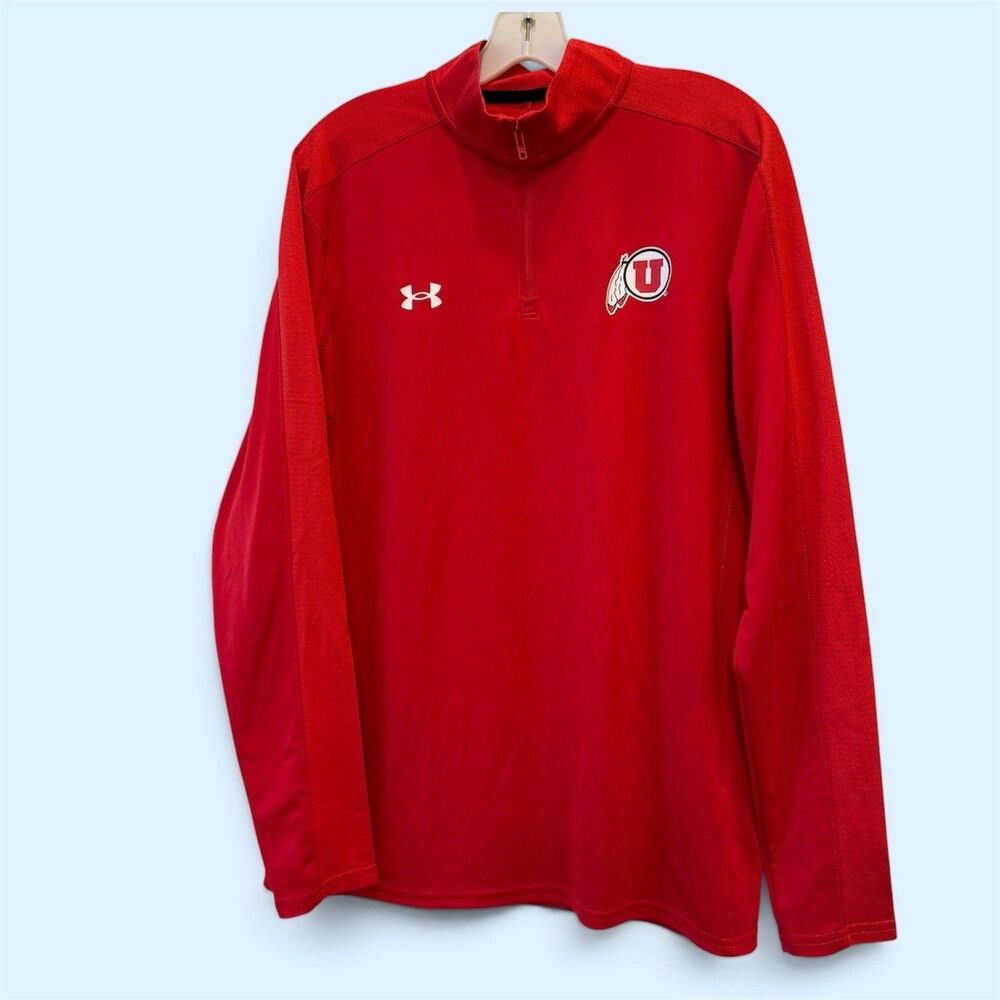 Under Armor Mens Tech 1/4 Zip Red Long Sleeve Loose Fit HeatGear Sz Medium UTAH